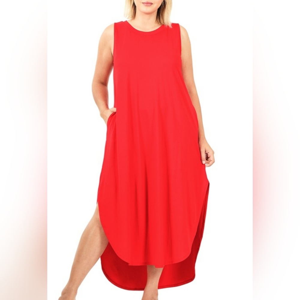 Zenana Plus Size Assymetrical Maxi Side Slit Dress with Pockets in Ruby